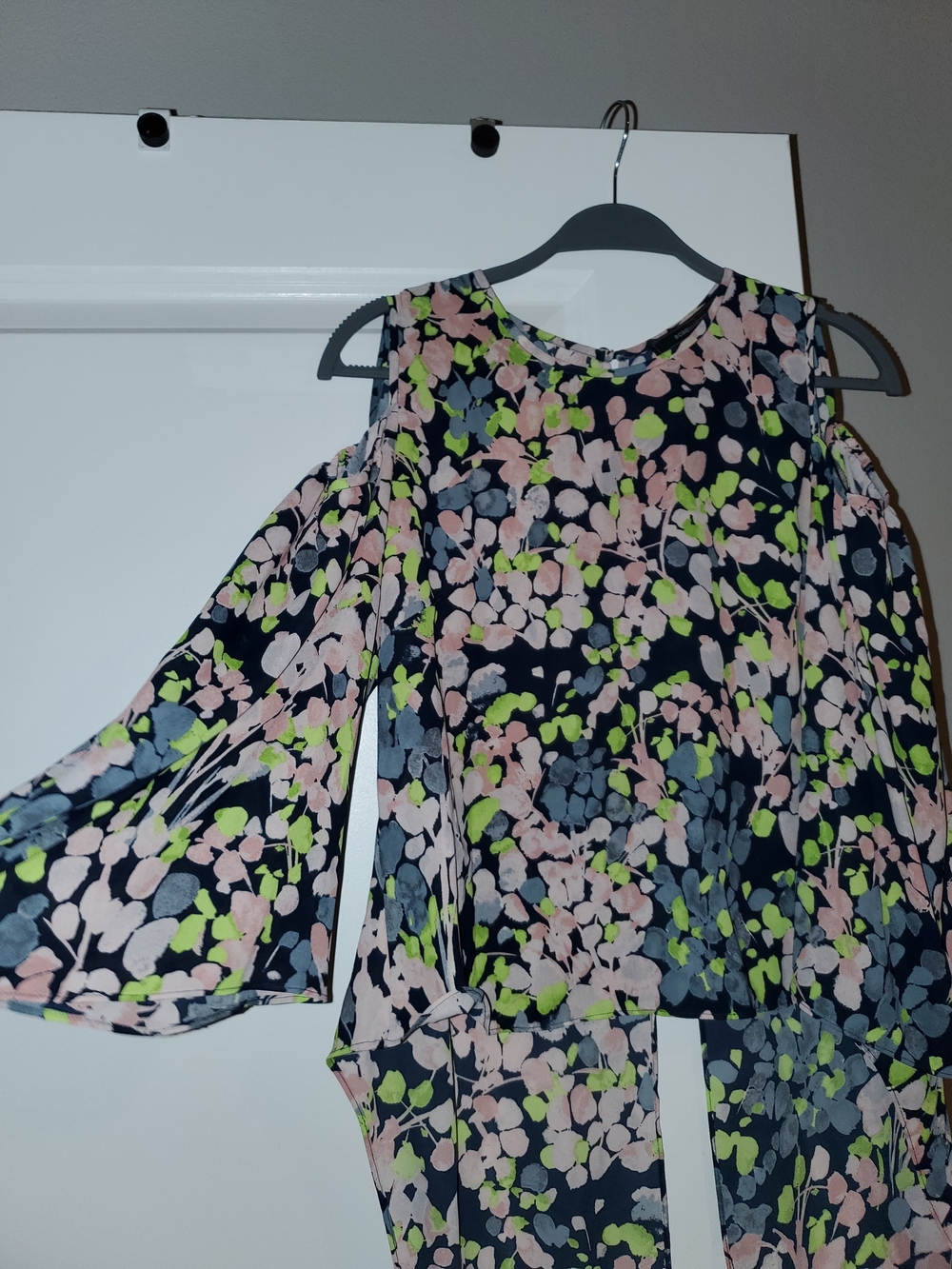 Floral Cold-Shoulder Blouse - Navy with Pink & Lime - (Brand)